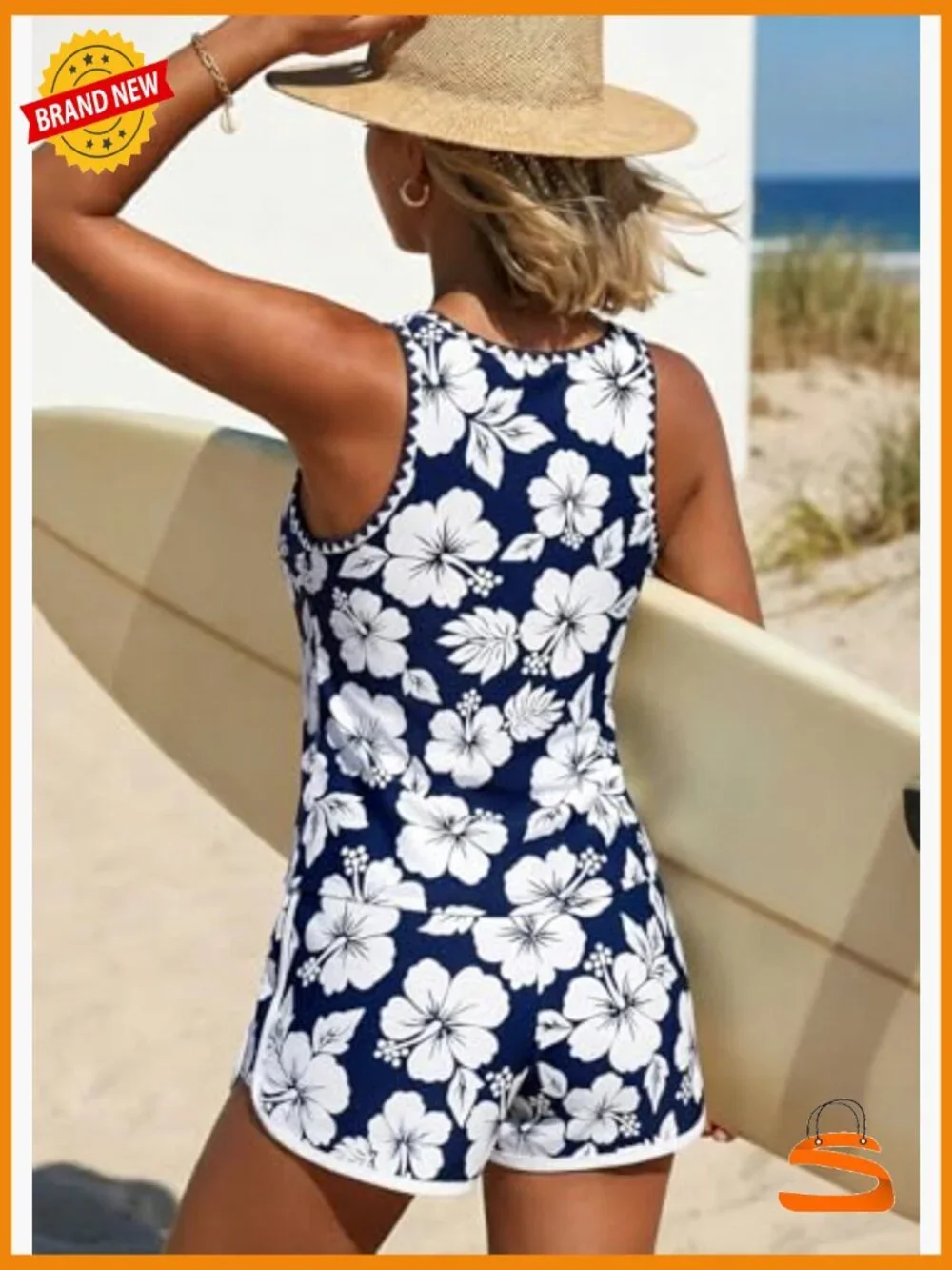 Modest Tankini Set with Board Shorts, Sleeveless Scoop Neck Tank Top, - Picture 2 of 7